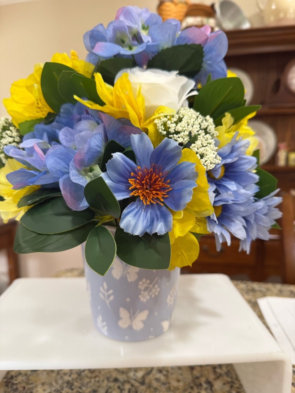 Blue & Yellow Faux Floral Bouquet in Decorative Butterfly Vase-14 x 12”